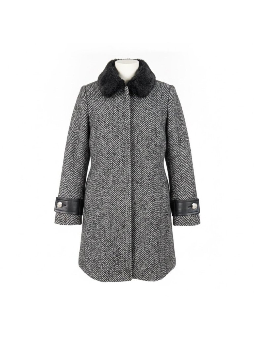 Claudie Pierlot Womens Gray Wool-Blend Herringbone Coat Faux Fur Collar